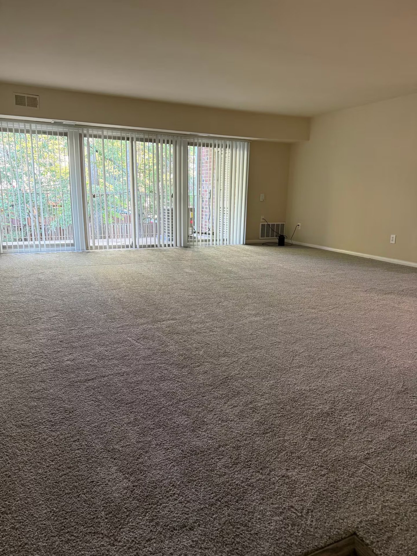 Another view of the carpeted living room and balcony doors