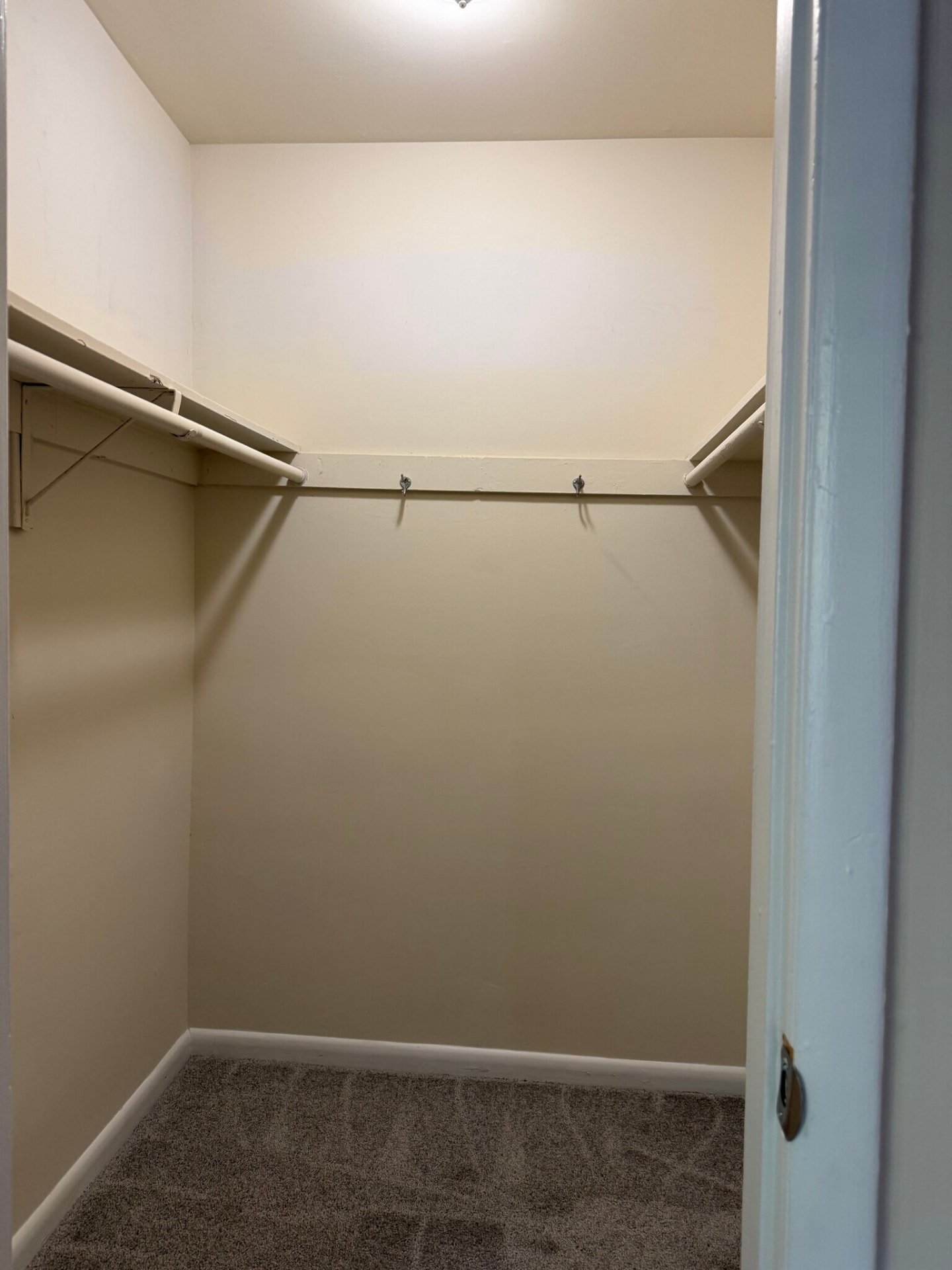 Bedroom walk-in closet with hanging rails and shelf